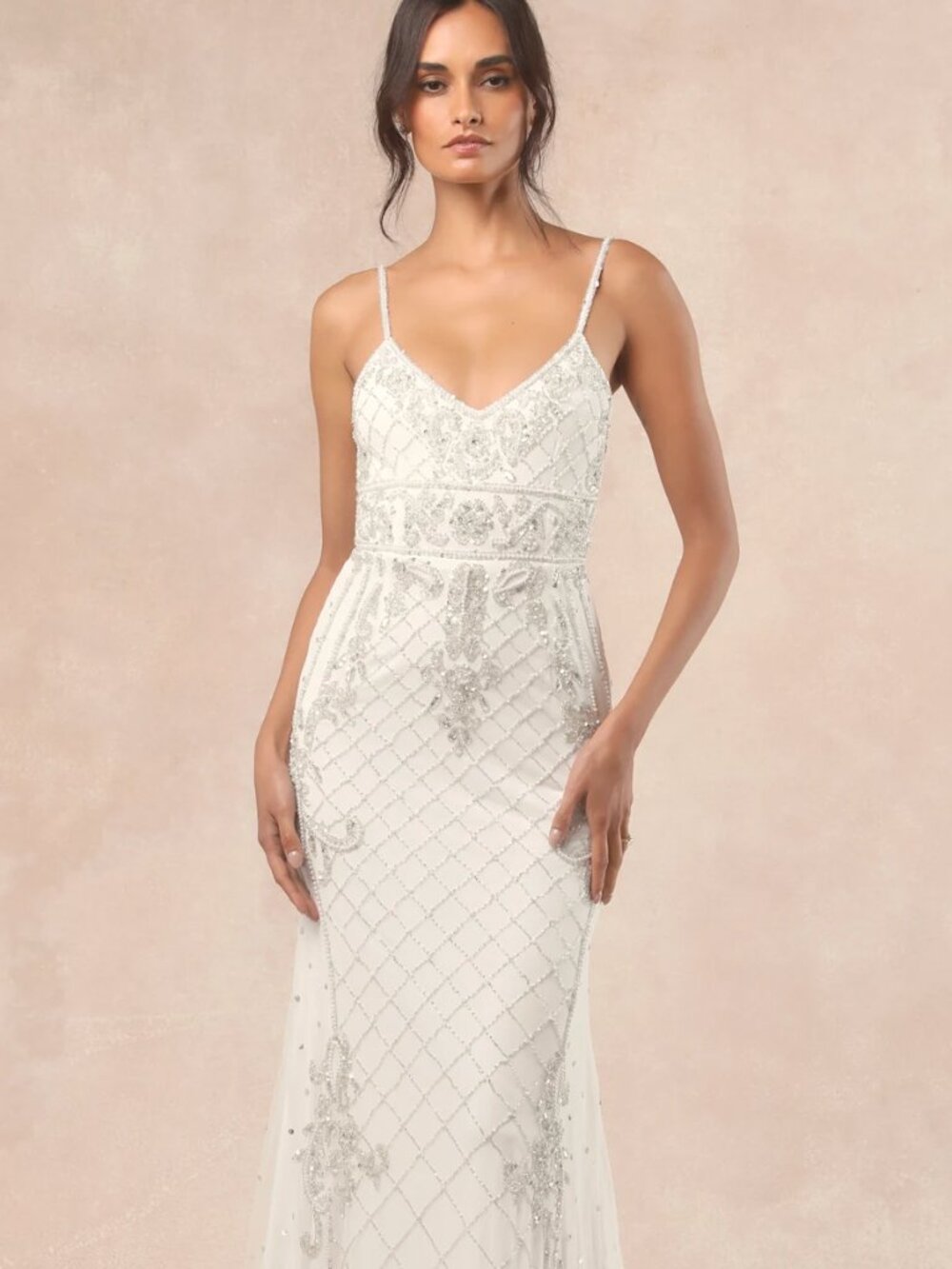 Ciella White and Silver Beaded Mermaid Maxi Dress
